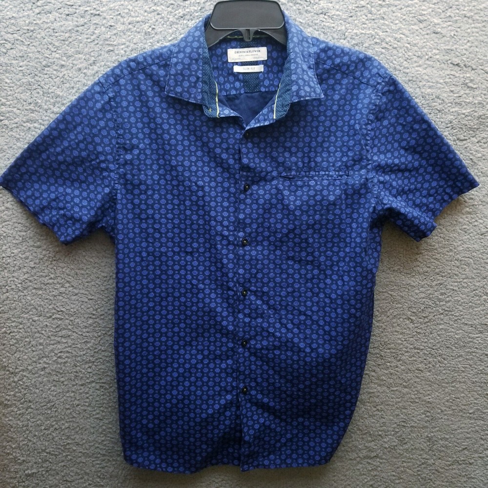 Denim & Flower L Geometric Blue Short Sleeve Button-Down Shirt 43" 28.5" 8.5"